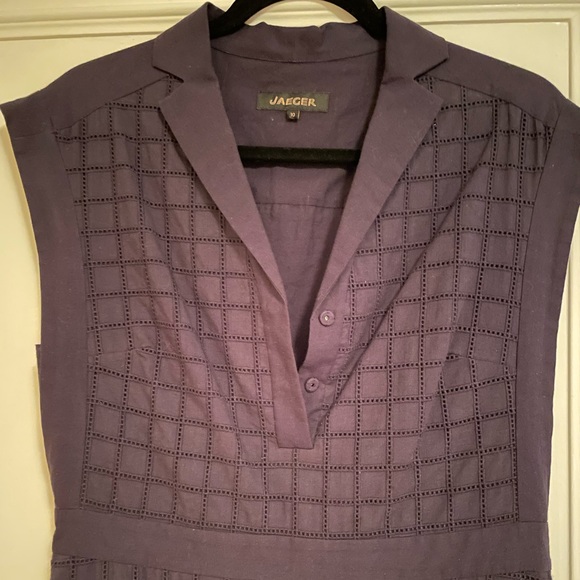 Jaeger UK Cotton a-line windowpane dress navy USA size 8 - Picture 2 of 7